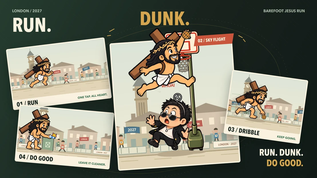 Gameplay collage: Takeuchi runs barefoot through London carrying a wooden cross, dunks a basketball, dribbles, and recycles litter.