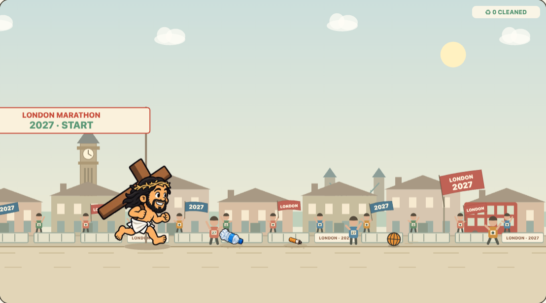Gameplay: Takeuchi runs barefoot with a wooden cross past Big Ben, spectators, litter, and a basketball on a London street.