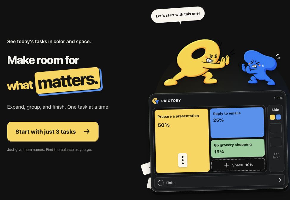 PRIOTORY’s product demo: a presentation takes 50% of the Table, emails 25%, groceries 15%, and open Space 10%. Side and Finish sit alongside the tasks.